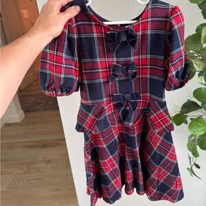 Janie and Jack Girls Red and Navy Plaid Bow-Front Peplum Dress